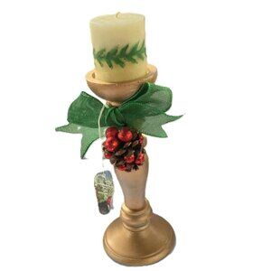 Pillar Candle Holder Hand Painted Gold Green Bow Pinecone Red Glitter Berries